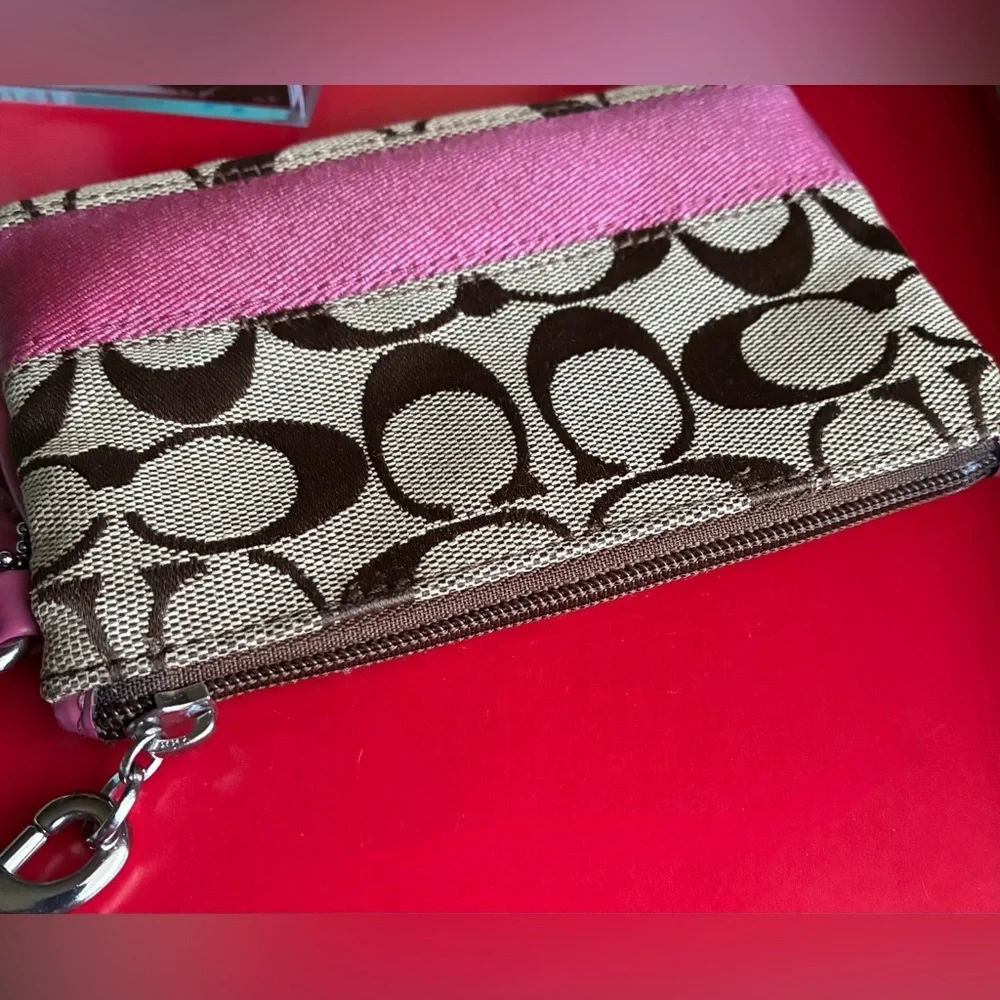 Coach Pink & Brown Signature Wristlet Case